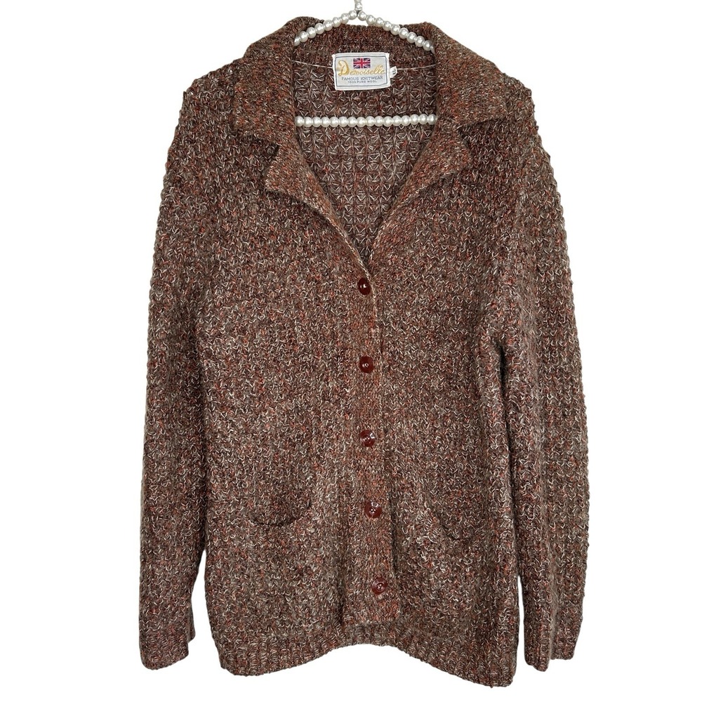 Vintage Demoiselle Wool Cardigan Sweater XL Brown Grandpa Preppy Money Heritage